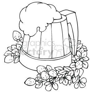 Wooden mug of foamy beer surrounded by flowers and berries