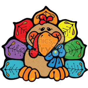 Cartoon turkey with colorful feathers and blue bow