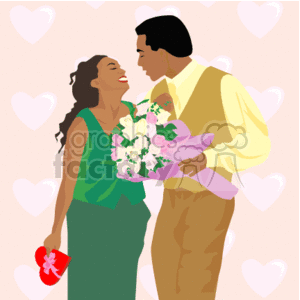 clipart - A Happy Man and Woman in Love Holding a red Heat box of Chocolate and a Bouquet of Flowers.