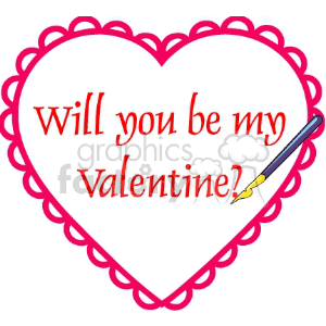 clipart - A Pink Scalloped Heart that Says Will You Be My Valentine with a Calligraphy Pen.