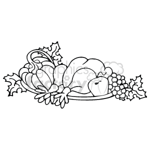 The image is a black and white line drawing of a Thanksgiving cornucopia, commonly known as a horn of plenty. It is filled with an abundance of harvest items, such as fruits, vegetables, and leaves.
