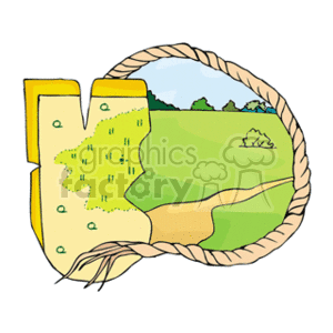 The clipart image shows a stylized representation of a map, which appears to be a hiking trail map, with the map held open by a rope circle, suggesting it's often used or ready for quick reference. The map displays marked trails or points of interest, illustrated by symbols or icons on the map's surface. The background view shows a countryside landscape, possibly indicating the area that the map is detailing, with fields, trees, and possibly hills or varying terrain. 