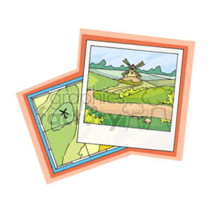 The image is a cartoonish representation of a rural landscape featured in a picture, overlaid with images of maps. The landscape showcases a traditional windmill with four blades situated on a small hill amidst green fields. It appears to be a sunny day with a few clouds in the sky. At the bottom, a meandering path or road can be seen. Behind the picture of the rural scene, there are two map images, one with an X marking a specific location.