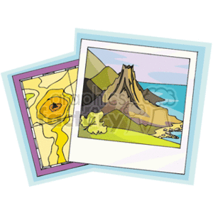 The clipart image shows two overlapping maps. The top map is a colorful illustration of a volcano with a visible crater at the peak, suggesting it might be a cross-section or a profile view. The landscape around the volcano includes water, possibly a lake or sea, and some greenery, indicating vegetation. The bottom map appears to be a topographical map highlighting elevation changes, as indicated by the concentric circles usually representing a mountain or volcanic peak, with the center likely marking the crater.