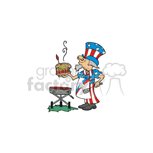 Guy cooking a large hamburger on the grill clipart.