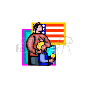 clipart - A father and his son pledging to the american flag.