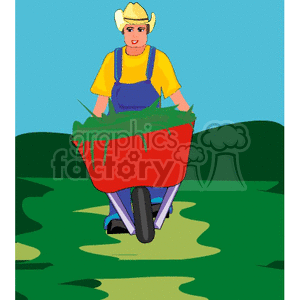 Farmer pushing a wheelbarrow.