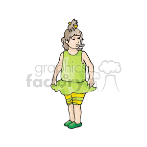 A little girl in a green dress wearing yellow leggings