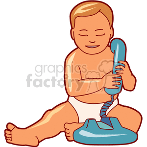 A Baby In a Diaper Sitting Playing with a Blue Telephone clipart.