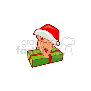 A Small Baby in a Red Santa Hat Trying to Open A Green Gift clipart. Royalty-free image # 156480
