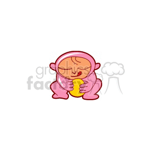 A Small Baby Dressed in Pink Holding a Golden Egg 