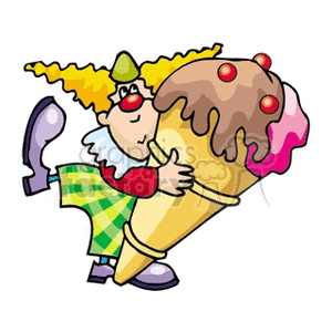 A Clown Wearing Plaid Pants Holding a Large Chocolate and Strawberry Ice Cream Cone clipart. Commercial use image # 156659