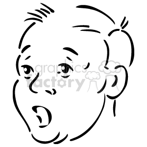 This clipart image features a simple line drawing of a surprised or shocked face, likely a child given the small, round and simple features. The face displays wide-open eyes and mouth, and the hair appears to be short and slightly tousled. There are minimal lines used to define the contours of the face, ears, and expression.