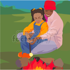 African american father and daughter roasting marshmallows at the campfire