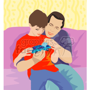 clipart - Father and son playing with a little blue toy car.
