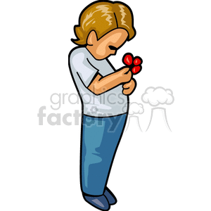 A Young Boy in Blue Holding and Looking at some Red Berries clipart. Royalty-free image # 158588