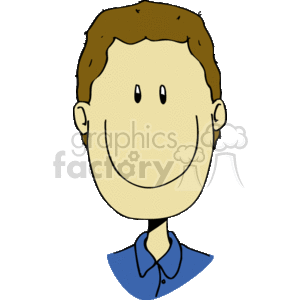 The face of a brown haired boy smiling in a blue shirt clipart. Commercial use image # 158772