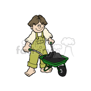 Caucasian boy pushing a wheelbarrow clipart.