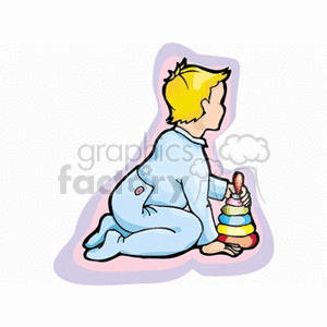 Toddler in a blue pajama playing with stacking rings clipart. Commercial use image # 158846