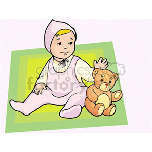 A Baby Girl in Pink sitting and Playing with a Teddy Bear