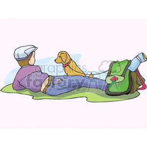 A Young Boy Laying on the Grass with his Dog and a Bag clipart.