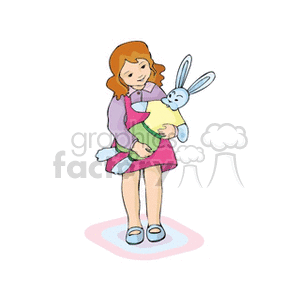 A little girl in a pink dress holding a stuffed bunny