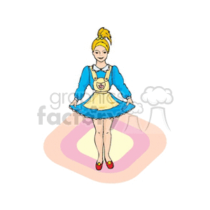 clipart - Girl in a blue dress wearing an apron in red shoes.