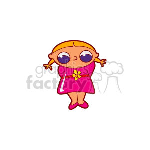 Big eyed pigtailed girl in a pink dress with a flower