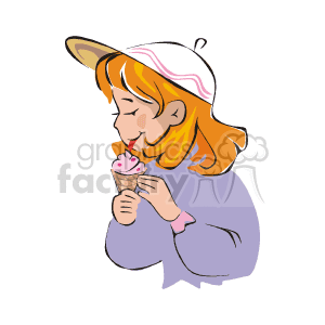 A little girl in a pink and white hat and blue sweatshirt eating an ice cream