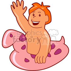 Boy floating in a sea monster innertube clipart.