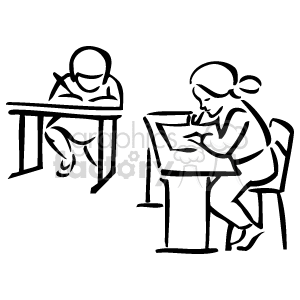 Two students at their desks in the classroom doing schoolwork clipart. Commercial use image # 159203