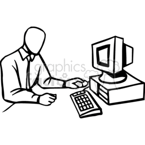 Black and white man computing at a desk clipart.