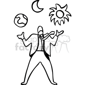 Black and white man juggling globe moon and sun clipart.