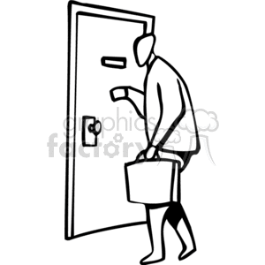 Black and white older woman going through a door clipart.