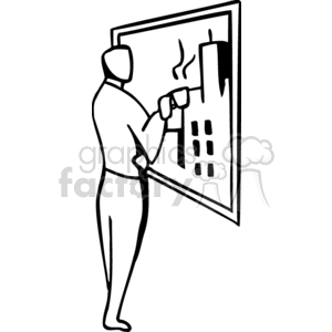clipart - Black and white man with a cup of coffee starring out of a window.