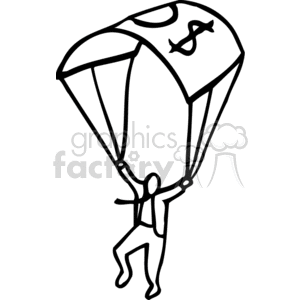 Black and white man flying on a money parachute clipart. Commercial use image # 159508
