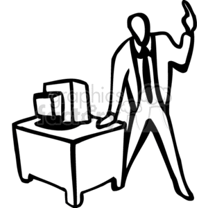 business man computer monitor desk point think idea line lines  BBA0220.gif Clip Art People Occupations black white vinyl-ready hey listen look here show discussion professional determined office worker
