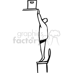 Black and white man standing on tippy toes reaching for a box clipart. Commercial use image # 159526