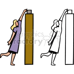 reaching reach up on top box get grab woman stretch suit case storage dress blonde blondes Clip Art People Occupations black white vinyl-ready high stashing hiding looking find 