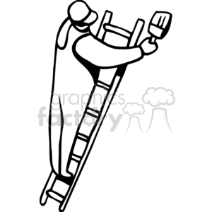 clipart - Black and white person painting standing on a ladder.