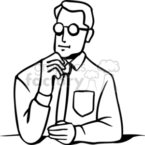 Black and white man sitting at a desk thiniking clipart.