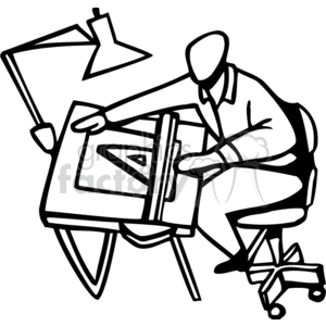 artist architect draft drafting board t square light desk Clip Art People Occupations black white outline vinyl-ready professional industry industrial lamp rolling chair draft table working studying measuring analyzing determined blueprints drafting
