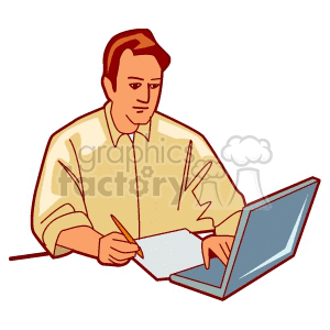 clipart - Cartoon man working on the computer.