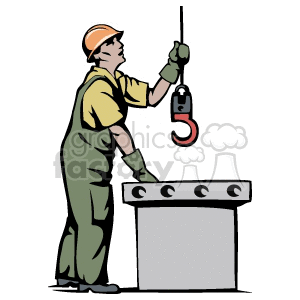 clipart - Man holding a crane hook on a construction site.
