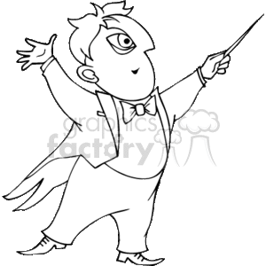 The clipart image depicts a conductor, typically associated with leading an orchestra or symphony. The conductor is shown in a traditional pose, using one hand to hold a baton, which is used to direct the musicians, and the other hand appears to be gesturing. The attire suggests a formal concert setting, with the figure wearing a tailcoat and bow tie, common for classical music performances.