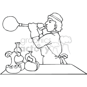 The clipart image depicts a person engaged in the craft of glassblowing. The individual is shown shaping a bubble of molten glass by blowing into a blowpipe, a traditional tool used in the glassblowing process. They are wearing a hat and a work apron, indicating protective work attire commonly worn to ensure safety while creating glassware. Beside the glassblower stand several finished glass objects, possibly vases or pitchers, showcasing the results of their skilled work.