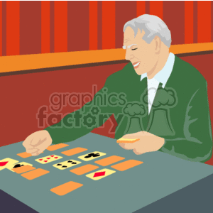 The clipart image depicts an elderly man sitting at a table and playing solitaire with a deck of cards. He appears to be enjoying his leisure time, possibly in the company of family or other seniors. The image is likely intended to represent the idea of seniors engaging in leisure activities and staying active despite their age.
