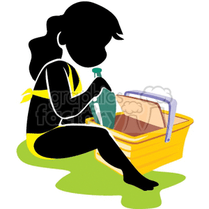 clipart - Lady taking a bottle out of a picnic basket.