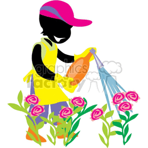 clipart - Woman watering her flowers.