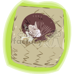 The clipart image shows a tropical Hawaiian themed basket containing what appears to be a coconut and a white flower, potentially a plumeria, which is common in Hawaii. The basket is illustrated with a light brown color suggesting a natural material and has a green outline, possibly to represent leaves or a natural setting.